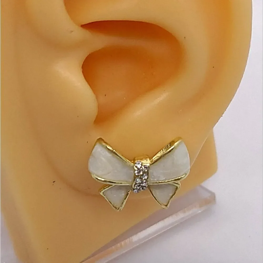 Ivory Bow Stud Earrings Gold Rhinestone Ribbon Elegant Coquette Jewelry
